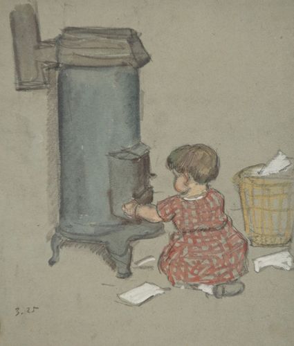 Otto Weil, Hanna Maria am Ofen, 1925, Gouache auf Papier, 20 x 17 cm, Privatsammlung