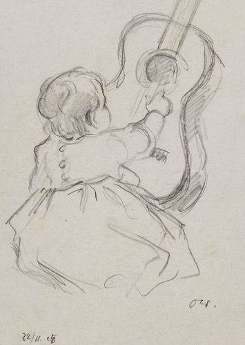 Otto Weil, Hanna Maria Weil mit Gitarre, 1925, Bleistift auf Papier, 18,5 x 13,5 cm, Privatsammlung